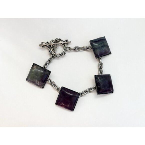 Faux Labradorite Vintage Square Vintage Costume Jewelry Bracelet - 8.25" - Picture 8 of 10